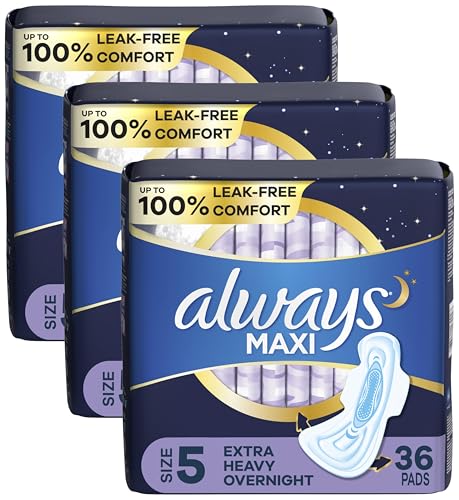 Image of Always Maxi Feminine Pads for Women, Size 5 Extra Heavy Overnight Absorbency, with Wings, Unscented, 36 Count (Pack of 3)