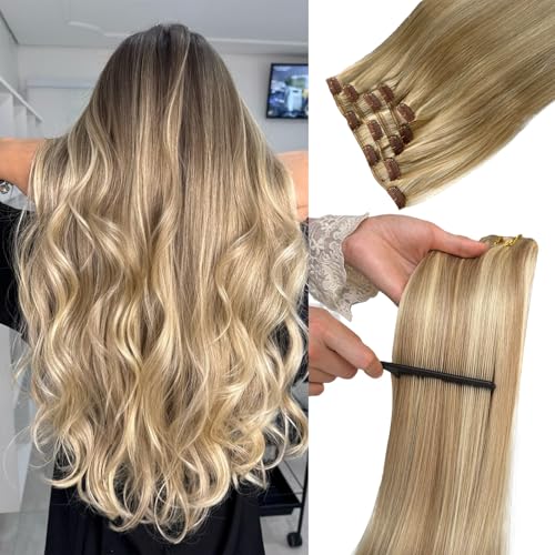 Image of Belaved Clip in Hair Extensions Real Human Hair Beige Blonde to Bleach Blonde 14inch Clip ins 70g 5pcs Clip in Extensions Silky Straight Highlighted Balayage