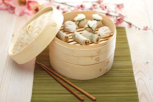 KitchenCraft World of Flavours Bamboo Steamer Basket, 2 Tier, 20 cm & Dexam Bamboo Chopsticks with Dragon Print Pack of 10 pairs - Image 2