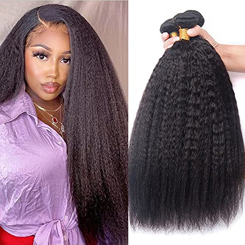 MSGEM 9A Kinky Straight Bundles 3 Bundles 24 26 28 Inch Yaki Straight Human Hair Weaves Extensions for Black Women 100% Brazilian Virgin Hair Extensions Natural Color