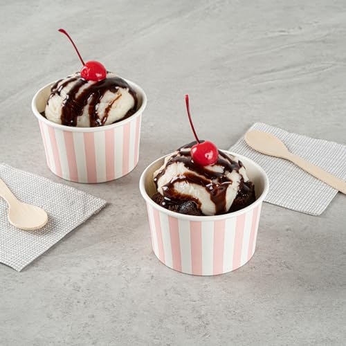 Image of Restaurantware Coppetta 5-Ounce Dessert Cups, 50 Disposable Ice Cream Cups - Lids Sold Separately, Striped, Pink And White Paper FroYo Bowls, For Hot And Cold Foods, Perfect For Gelato Or Mousse