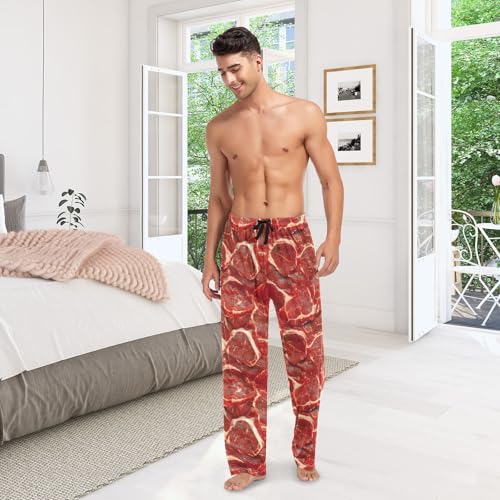 Mens Cotton Pajama Pant – Meat Texture Print Lounge Pjs Bottom with Pockets Drawstring S2