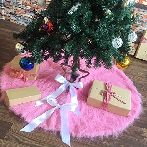 DOYOLLA Faux Fur Christmas Tree Skirt 48 inch Pink Xmas Tree Skirt Holiday Decorations Pet Favors…