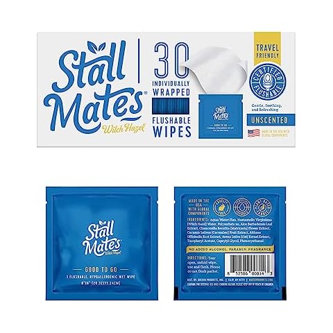 Stall Mates Wipes Witch Hazel: Flushable Wipes | Individually Wrapped | Travel Friendly | Soothing Witch Hazel | Unscented with Cucumber, Aloe and Chamomile | (30 on-the-go singles) Cover