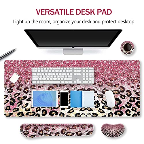 Image of ARTSO Extended Gaming Mouse Pad Set, Keyboard Wrist Rest Support Pad + Wrist Cushion + XXL Large Mouse Pad + Coaster, Stitched Edge, Non-Slip, Memory Foam Desk Mat, Pink Leopard Print