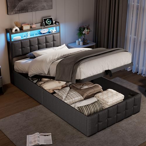 Polsterbett 90x200 cm, LED Einzelbett mit Staufach-Kopfteil und USB-Anschlüssen, Jugendbett 90x200 mit Hydraulischer Stauraum, Gästebett Funktionsbett Stauraumbett Bettgestell mit Lattenrost,Leinen – Bild 8