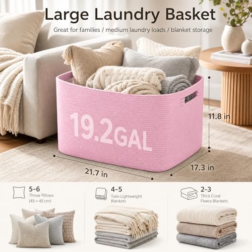 Image of Cotton Rope Laundry Basket Large, 19.2GAL Collapsible Woven Storage Baskets for Living Room Kids Toys Stuffed Animal,Boho Rectangular Decorative Short Hamper for Dirty Clothes, Blankets Light Pink