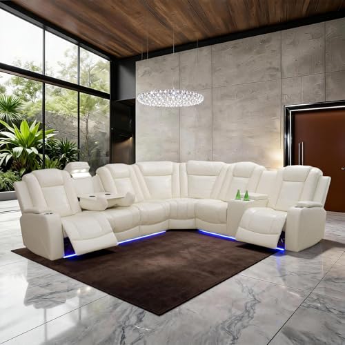 Image of Power Reclining Sectional Sofa Set with USB, LED & Storage - Cream White Leather Recliner Couch with Cup Holders & Pull-Down Table - Modern Living Room Furniture Set for Home Theater Comfort