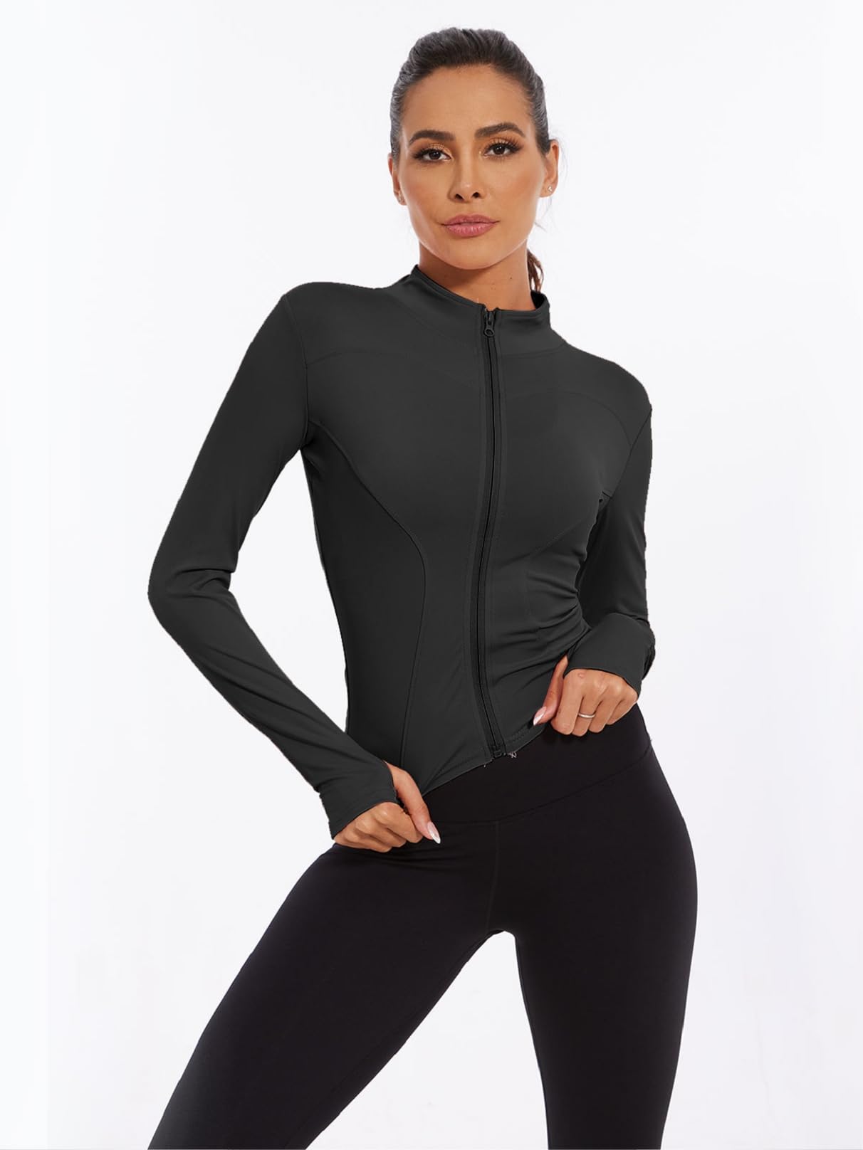 CheChury T-Shirt de Sport Femme Veste de Course à Manches Longues Sweat Respirant Léger Avec Fermeture Éclair Séchage Rapide Pour Yoga Fitness Running