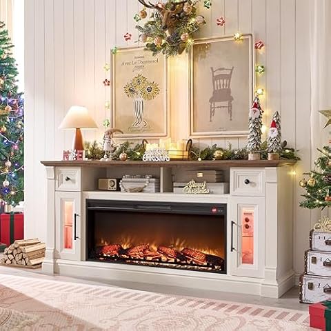 T4TREAM Farmhouse Fireplace TV Stand for 80" TV – Wood Entertainment Center with 42" Electric Fireplace, LED Lights, and Adjustable Storage for Cozy Living Room Ambiance, Antique White Cover