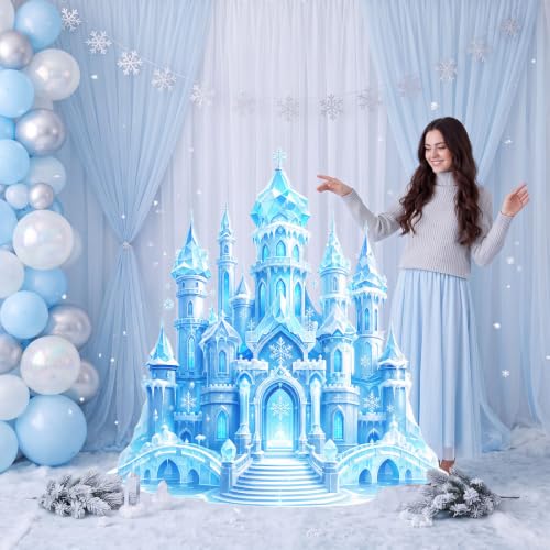 Image of Qunclay 4.5 ft Ice Castle Cardboard Cutout Winter Princess Party Decoration Life Size Ice Snow Photo Booth Prop Standee Stand up 3D Display Backdrop Decor for Birthday Baby Shower