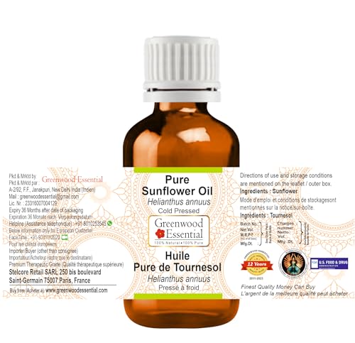 Image of Greenwood Essential Pure Sunflower Oil (Helianthus annuus) | Cold Pressed | Natural | Undiluted | For Diluting Essential Oils | For Skin & Massage | Men & Women | 630ml
