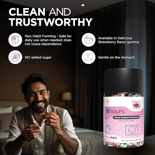 Image of How's You 8 hours Sleep Gummies for Men & Women | Melatonin 10 mg | No Added Sugar | Non Habit forming | Strawberry Flavour 30 Gummies for Deep Sleep