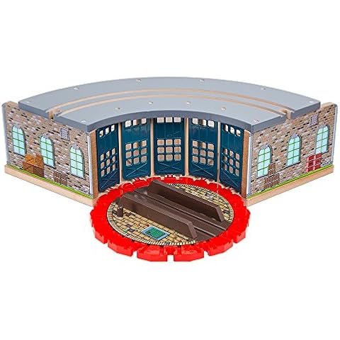 Orbrium Wooden Railway 5 Engine Bays, Rooftop Rails Full Size Roundhouse with 14-Ways Turntable Compatible with Thomas & Friends Brio Imaginarium Melissa Doug Engine Shed Cover