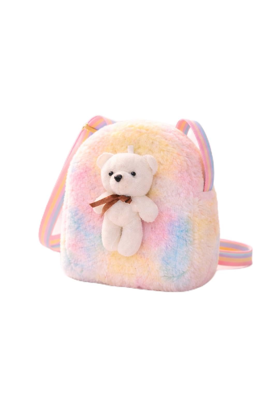 Rainbow Tie-Dye Fluffy Mini Crossbody Bag for Girls, Plush with Teddy Bear Charm, Striped Strap-image-17