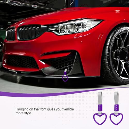 Image of 2PCS Heart Shaped Car Handle Straps, Rear Bumper Warning Keychain Ring for Car Exterior Accessories (Purple-Silver)