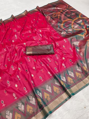 Image of Women's Pochampalli Silk Blend Saree with Unstitched Blouse Piece