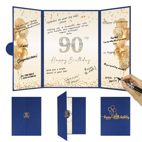 Image of DARUNAXY Blue Gold 90th Birthday Party Decorations, Blue Happy 90th Birthday Alternative Signature Guest Book for Men Women Cheers to 90 Years Old Gifts 90 Birthday Signing Card Board Party Supplies