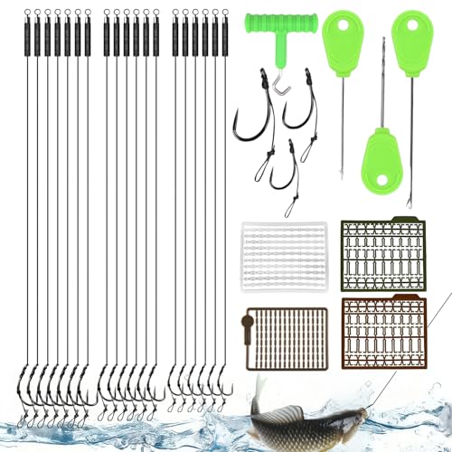 Ensemble de 18 Bas de Ligne Carpe sans Ardillon Peche Carpe Pré-Noués de Plusieurs Tailles avec Aiguille à Appât et Bouchon en Filet Bas de Ligne...