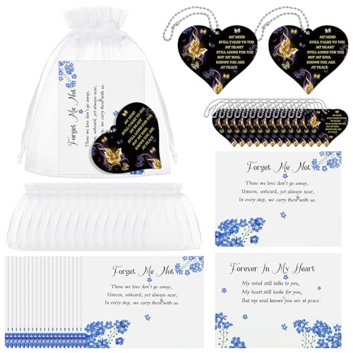 Namalu 100 Sets Funeral Favors Celebration of Life Favors for Guests Bulk Forget Me Not Themed Gifts Funeral Keepsakes with Heart Charms Memorial Prayer Cards Ideas Sympathy Gifts
