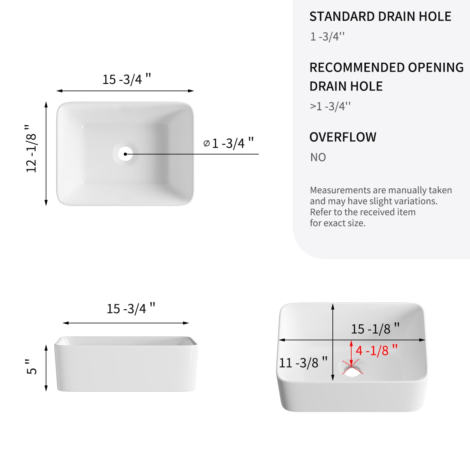 Fregaderos rectangulares de baño de 16 x 12 pulgadas, fregadero de baño pequeño, moderno y clásico de porcelana blanca, fregadero de cerámica para baños, tocadores, baños
