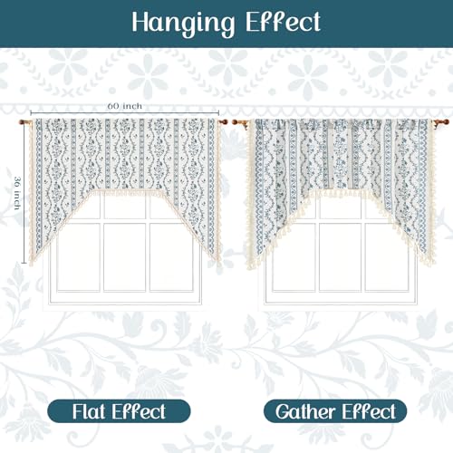 Image of Yinhua Boho Swag Valance Curtains Vintage Linen Valances for Windows Light Filtering Floral Kitchen Valance Rod Pocket Rustic Tassel Window Valances for Bathroom Cafe, 60 inch W x 36 inch L, White Blue