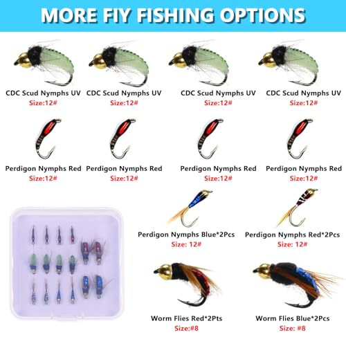 Image of Fly Fishing Flies Assortment Kit, 16 Pcs Hand-Tied Dry Wet Fly Fishing Lures, Nymphs, Streamers, Terrestrials for Trout Bass Sunfish, Pike with Fly Box