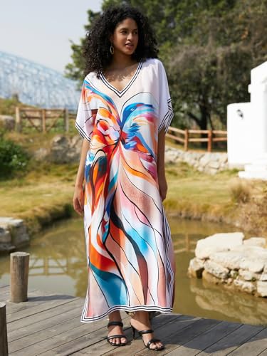 Image of IMAGEKOPE Kaftan Dresses for Women Plus Size Bathing Suit Cover up Vneck Batwing Dress Loose fit Moroccan Caftan mumu Dresses
