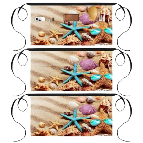 Demi-tablier de cuisine avec poches motif coquillages pour bistrot et nettoyage