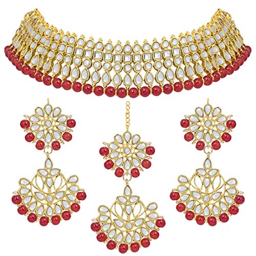 Aheli Bollywood Style Faux Kundan Beaded Choker Necklace Dangle Earrings Maang Tikka Indian Jewellery Set for Women