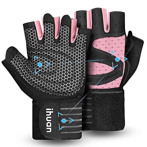 Ihuan Ventilated Weight Lifting Gym Workout Gloves Full Finger With Wrist Wrap Support For Men & Women, Full Palm Protection, For Weightlifting, Training, Fitness, Hanging, Pull Ups (Pink, Xs) #TOP21