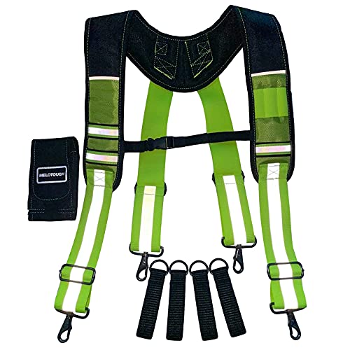 Image of MELOTOUGH Reflective Safety Suspenders Tool Belt Suspenders Construction Work Suspenders with detachable phone holder comfortable foam shoulder padder (Lime)