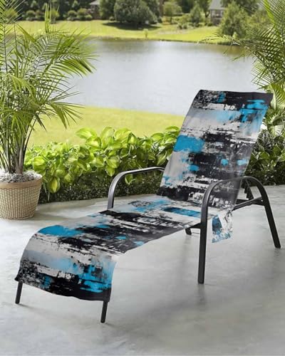 Black Blue Beach Chair Towel Covers for Chaise Lounge With Side Pocket, Soft Plush Pool Towels Cover for Patio Sunbathing Outdoor 29''x85'' Modern Vintage Abstract Painting Smear Art