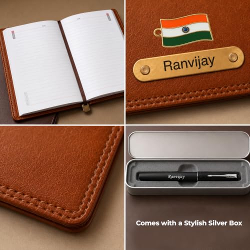 Image of SAVRI Personalized Gifts Customized Brown Diary with Name & Parker Roller Pen Gift Set | Premium Office Diary & Silver Clip Pen | Corporate Gift for Employees, Birthday, Anniversary & Professional Use