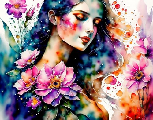 Poster aquarelle femme fleurs lever du soleil grand format pour chambre