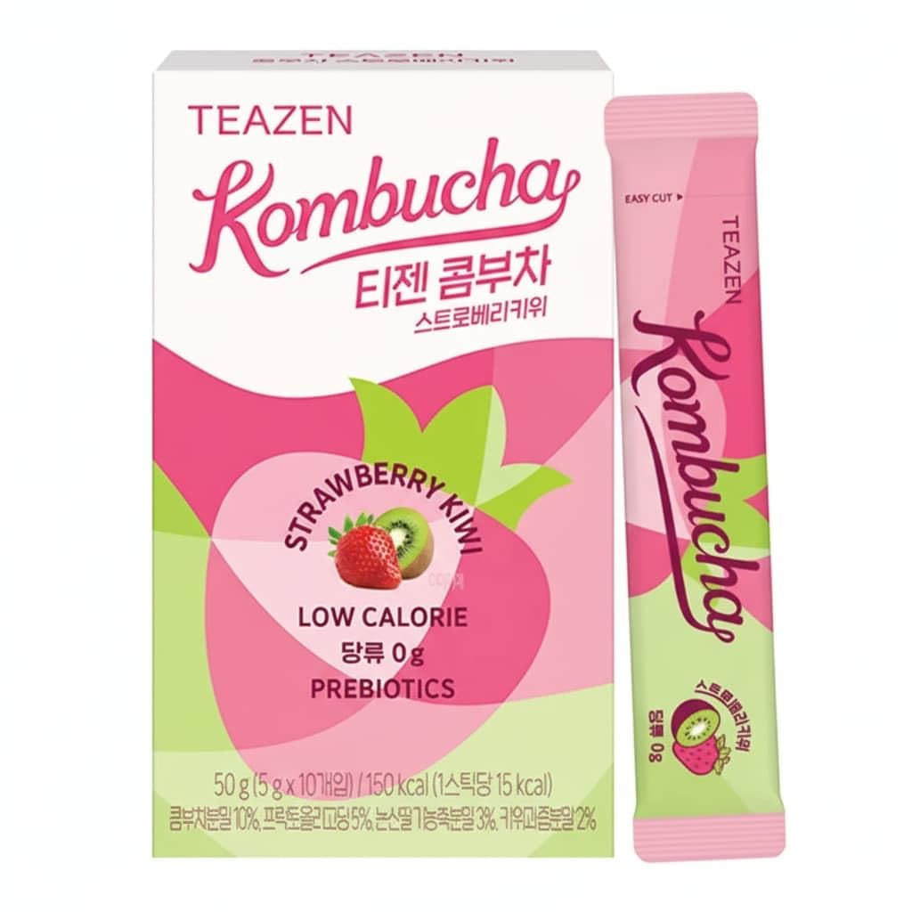 TEAZEN Strawberry Kiwi Kombucha Tea, Hydration Drink Mix, Sugar Free, Live Probiotics & Prebiotics, 10 Sticks, 1.76oz