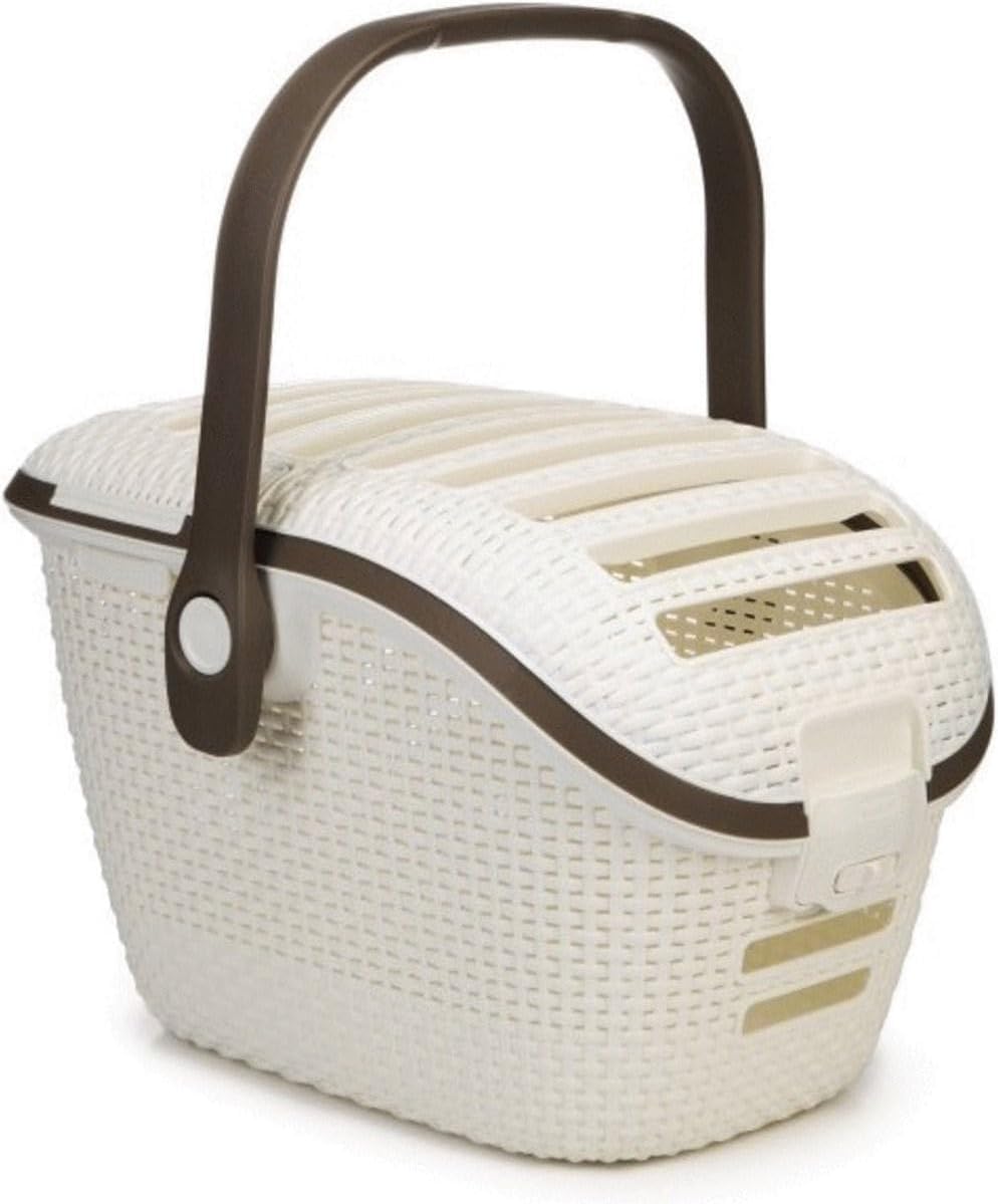 Transportbox Katze 51 x 38 x 33 cm, Katzen Transportbox Weiß mit Rattanoptik, Tiertransportbox für Katzen, Hunde & Kleintiere bis 10 kg, sicher mit Tragegriff