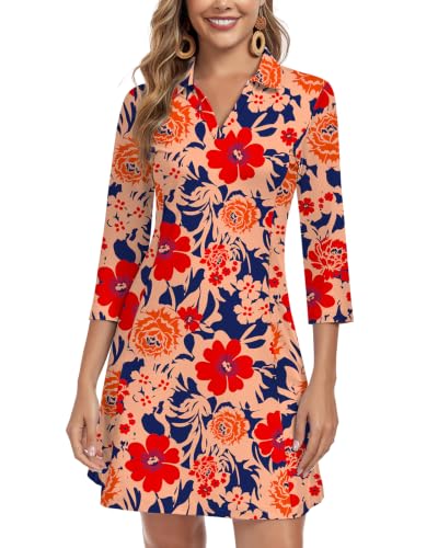 Image of WOWENY 3 /4 Sleeve Dress for Women with Pockets V Neck UPF 50+ Casual Sun Dress Breathable Quick Dry Beach Vacation