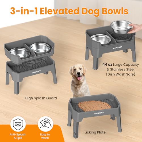 URPOWER 3-in-1 Elevated Dog Bowls - Mess Proof Double Deck 4 Height Adjustable Raised Stand with 2 Stainless Steel Food Bowls & Licking Plate for Small, Medium & Large Dogs - Image 5