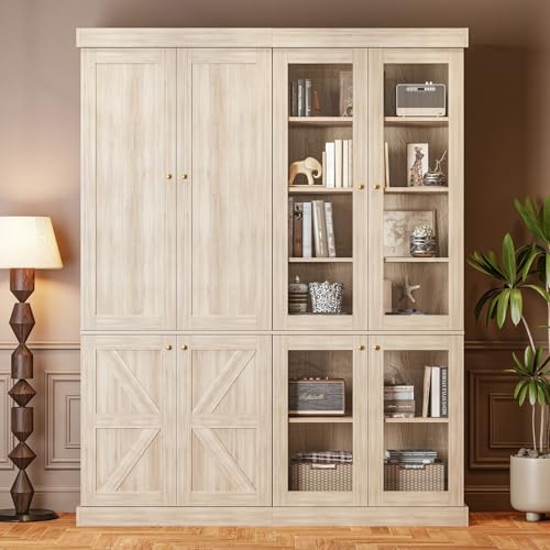Image of ivaniti 70.8 inch Tall Farmhouse Bookshelf, Modular Bookcase with Glass Doors, 6-Tier Adjustable Shelves, Large Storage Cabinet for Study or Home Office, Brown, Set of 2