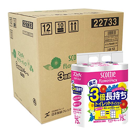 関連商品：日本製紙 スコッティ フラワーパック 3倍長持ち 4ロール ダブル 無香料 12パック入りの商品画像
