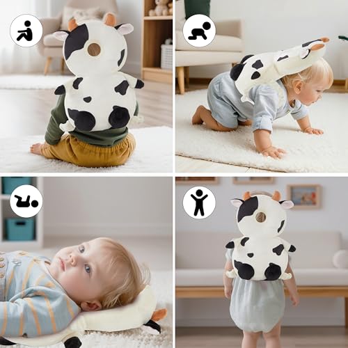 Image of Baby Head Back Protector Backpack Toddler Safety Protector Cushion Pad Soft, Adjustable and Lightweight Design for Safe Walking and Crawling Toddlers Girls and Boys(Cow)