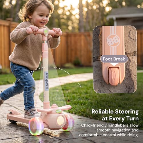 Image of Baybee Skiddo Baby Kick Scooters for Kids with 3 Height Adjustment | Foldable Skating Scooter with Foot Brake | Kids Scooter with RGB Lights & Music | Runner Scooters for Kid 2-10 Years (Beige)