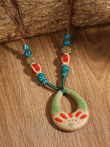 MINACHI Bohemian Colorful Ceramic Bead Nature Floral Charm Pendant Necklace, Vintage Boho Jewelry Gift for Women2