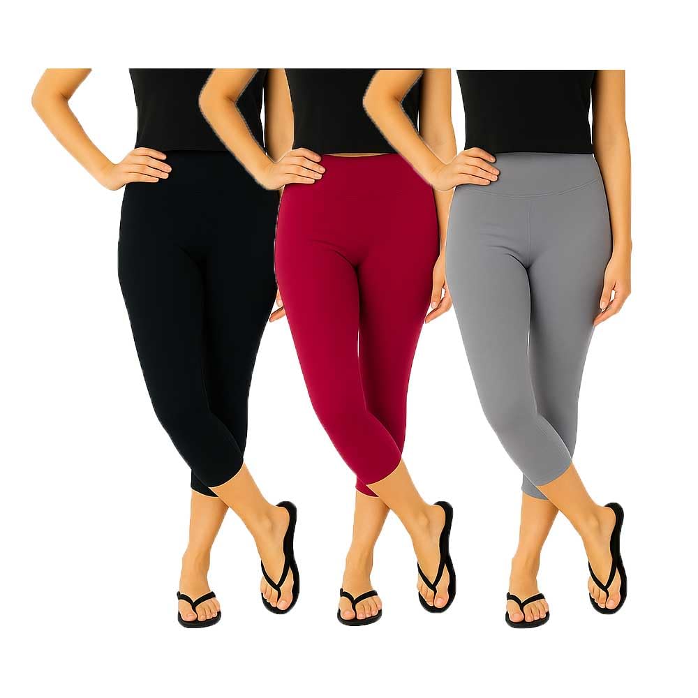 Womens Cotton Blend Solid Knee Length Stretchable Plain Capri For Girls | Bottom Wear | Black, Grey, Pink (3Pack)-picture-30