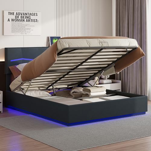 JOROBURO Polsterbett Doppelbett 180x200cm mit LED-Kopfteil, Jugendbett Gepolsterte Boxspringbett Mit Hydraulischem Stauraum, Stauraumbett Funktionsbett Bettgestell, PU-Leder, Ohne Matratze, Schwarz JOROBURO Polsterbett Doppelbett 180x200cm mit LED-Kopfteil, Jugendbett Gepolsterte Boxspringbett Mit Hydraulischem Stauraum, Stauraumbett Funktionsbett Bettgestell, PU-Leder, Ohne Matratze, Schwarz