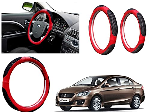 Image of Microfiber Car Steering Wheel Cover, Soft Padding Great Hand Feel, Anti-Slip, Faux Leather Steering Cover for Maruti Suzuki Ciaz | Black Red Jali - Pack of 1