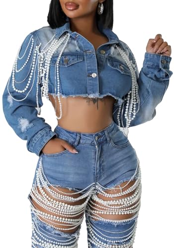 Lucuna Women's Cropped Denim Jacket Long Sleeve Trendy Pearl Distressed Crop Top Jean Jacket Coat
