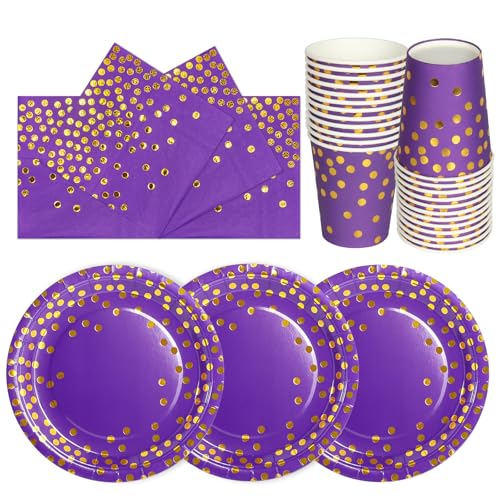 PYAILI Anniversaire Vaisselle de fete 72 Pièces Or Violet Party Assiettes en Papier Set Assiettes...