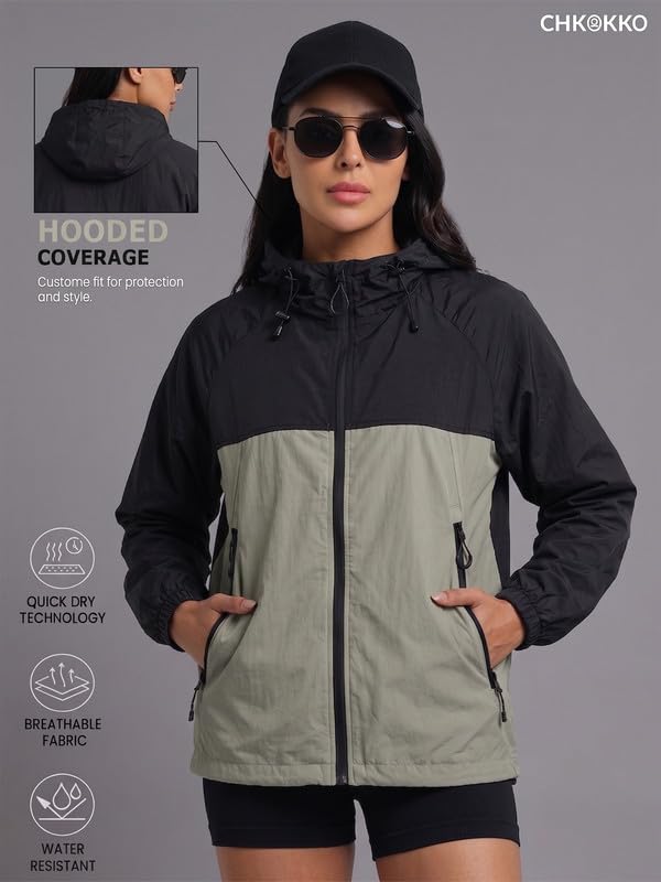 Image of CHKOKKO Windcheater For Women With Hood | With Advanced Upf 50+ UV Windproof Windbreaker Sunscreen | Lightweight Water-repellent Sports Outdoor Travel & Everyday Wear Windshield